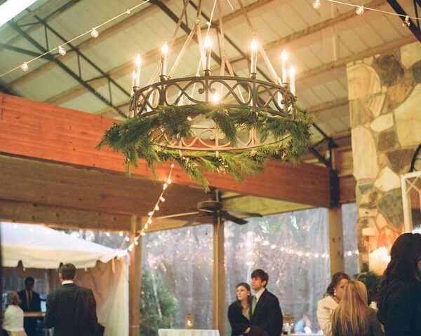 Pavilion chandelier decorated with a Christmas theme.