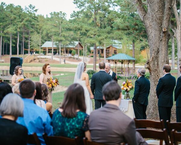 Wedding ceremony overlooking the Gazebo and lower pond.